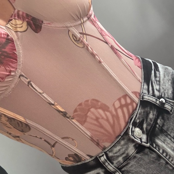 SHEIN Tops - Floral Mesh Bodysuit - Pink and Brown
